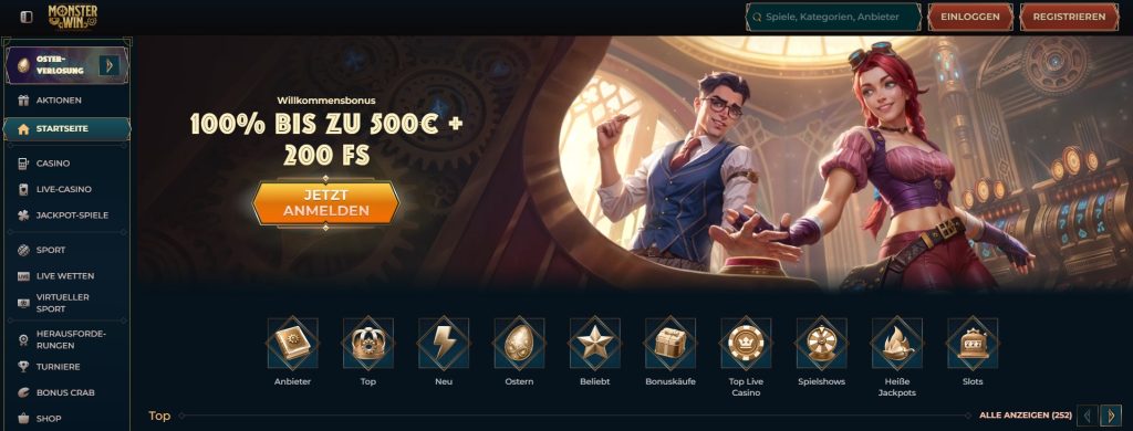 Eine Online-Casino-Webseite mit einem großzügigen Willkommensbonus von 100% bis zu 500€ und 200 Freispielen. Zwei Figuren in Steampunk-Kleidung stehen im Vordergrund. Links befindet sich ein Menü mit verschiedenen Kategorien wie Casino, Live-Casino, Jackpot-Spiele, Sport und mehr. Besonders hervorzuheben ist das Angebot als Casino ohne Verifizierung, das eine schnelle und unkomplizierte Anmeldung ermöglicht. Ein auffälliger orangefarbener Button mit der Aufschrift „Jetzt Anmelden“ lädt zur Registrierung ein.