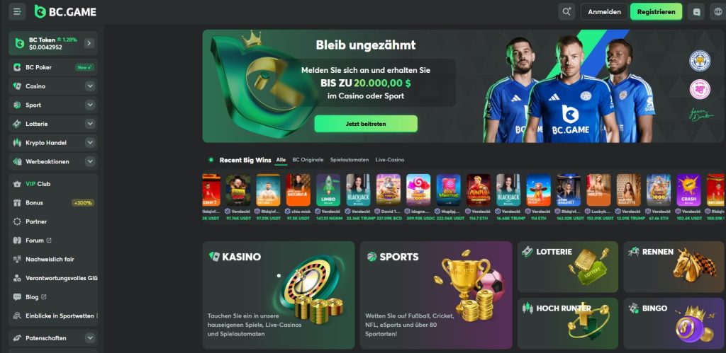 BC.Game Webseite mit verschiedenen Glücksspieloptionen wie Poker, Casino, Sportwetten, Lotterie und Krypto-Handel. Besonders hervorzuheben ist, dass die Plattform auch zu den modernen Krypto Casinos zählt, was Spielern zusätzliche Flexibilität bei Ein- und Auszahlungen bietet. Links sind die Hauptmenüpunkte aufgelistet, während oben eine Werbeanzeige für eine Anmeldung mit einem Bonus von bis zu 20.000,00 $ angezeigt wird. Darunter sind die aktuellen großen Gewinne und verschiedene Spieloptionen zu sehen.
