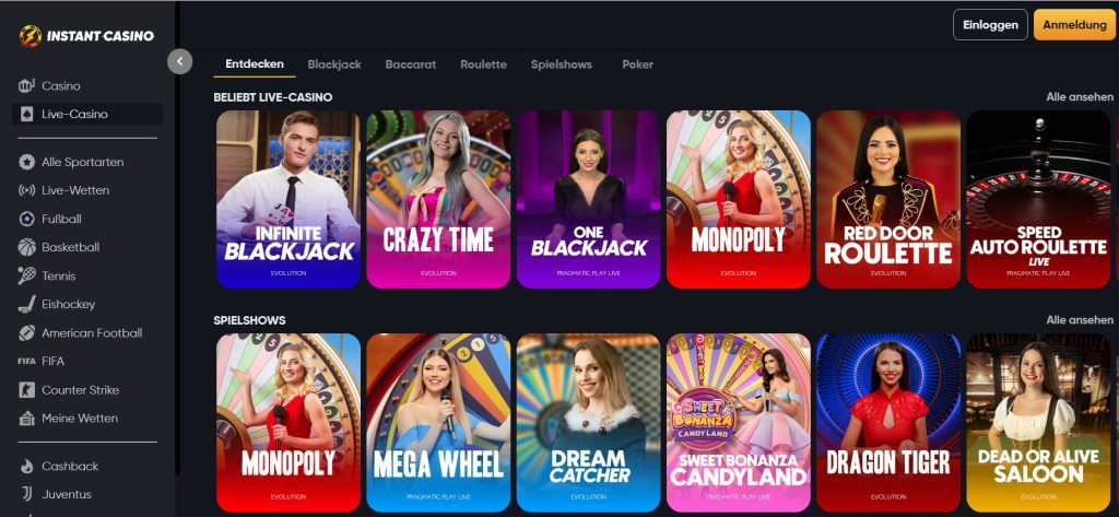 Webseite eines Wettanbieter ohne Lizenz, Instant Casino und Krypto Casinos, mit verschiedenen Werbeaktionen, Navigationsoptionen und farbenfrohen Bannern für Boni und Turniere.