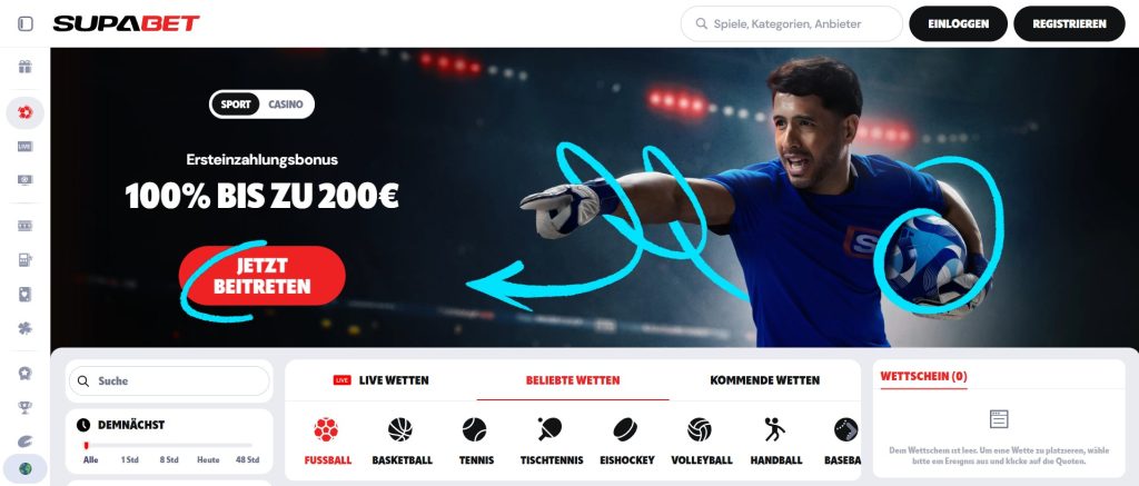 Ein Sportwetten-Website-Banner mit einem Fußballspieler, der einen Fußball hält. Der Banner zeigt einen Willkommensbonus von 100% bis zu 200€ und einen roten Button mit der Aufschrift „Jetzt Beitreten“. Besonders hervorgehoben wird, dass es sich um einen Wettanbieter mit PayPal handelt, was schnelle und sichere Einzahlungen ermöglicht. Links sind verschiedene Sportarten wie Fußball, Basketball, Tennis, Tischtennis, Eishockey, Volleyball, Handball und Baseball aufgelistet. Rechts ist ein leerer Wettschein angezeigt.