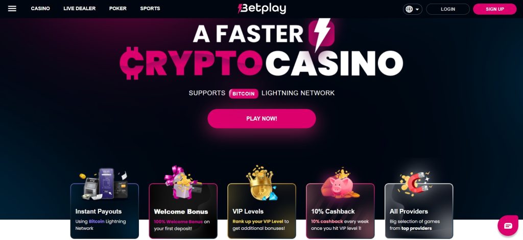 Eine Webseite für das Krypto-Casino Betplay, das Bitcoin und das Lightning Network unterstützt. Als eines der modernsten Krypto Casinos profitieren Spieler hier von sofortigen Auszahlungen, einem 100% Willkommensbonus, VIP-Level mit zusätzlichen Vorteilen, wöchentlichen 10% Cashback-Aktionen und einer breiten Auswahl an Spielen führender Anbieter. Die Oberfläche ist klar strukturiert mit gut sichtbaren Anmelde- und Login-Schaltflächen.