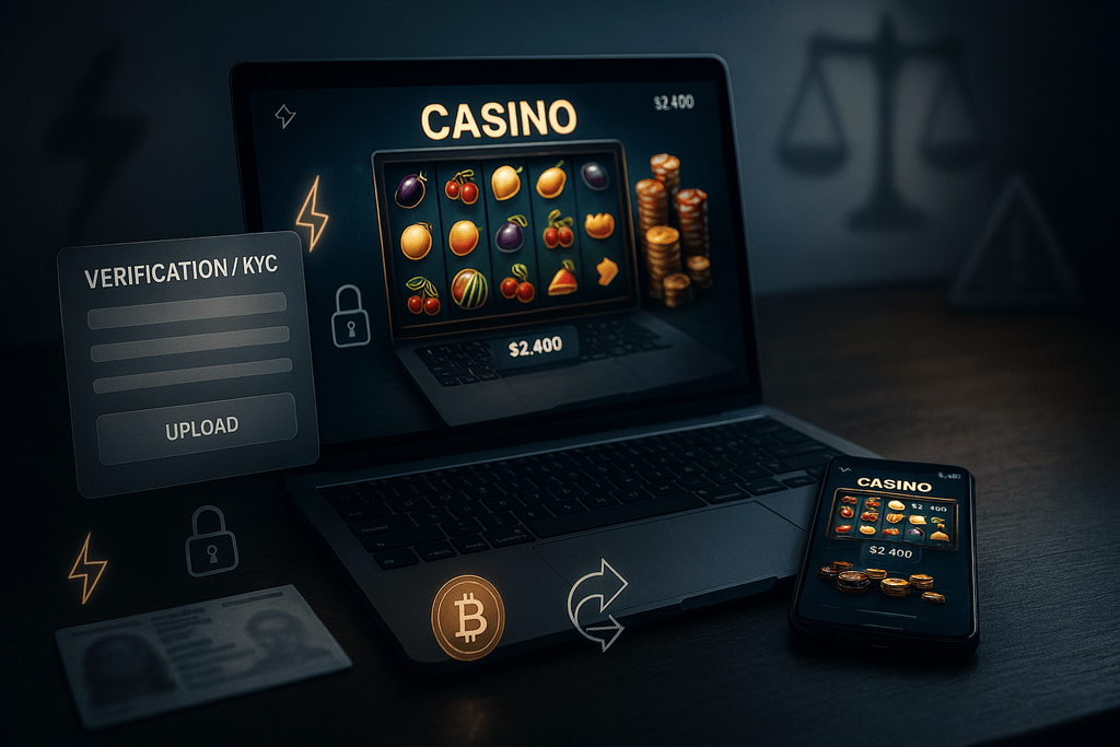 Fotorealistisches Keyvisual eines modernen Schreibtischs bei Nacht mit Laptop und Smartphone, die eine Casino-Oberfläche zeigen. Symbole wie Blitz, Schloss, Kryptomünze und Auszahlungs-Pfeil verdeutlichen Vorteile von Online Casino ohne Verifizierung, während subtile Schatten von Waage und Warnsymbol rechtliche Unsicherheit und Spielerschutz andeuten.